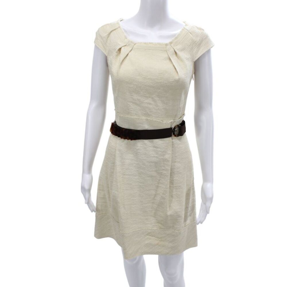 Alberta Ferretti Women Sheath Dress Ivory Square Neck Short Sleeve Zip Size 4